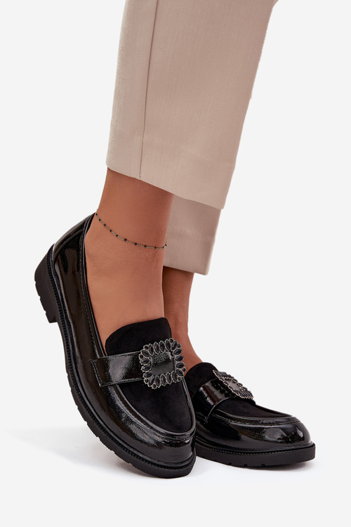 Lakierowane Mokasyny Damskie Z Ozdobną Klamrą S.Barski HY52-546 Czarne