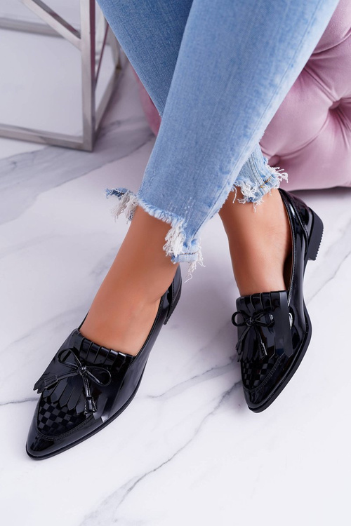 Mokasyny Damskie Lu Boo Czarne Lakierowane Loafer