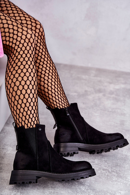 Zamszowe Ocieplane Botki Workery Na Płaskim Obcasie Czarne Salome