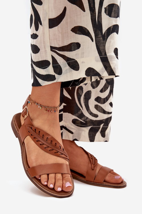 Sandały Damskie Z Naturalnej Skóry Na Płaskim Obcasie Zazoo 3564 Camel