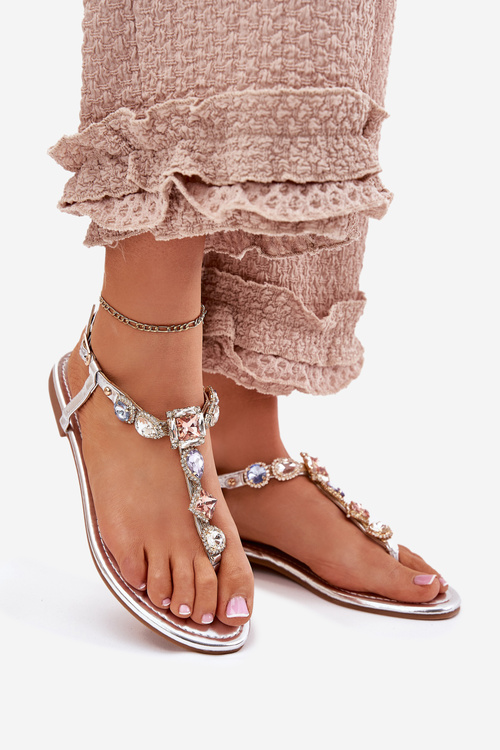 Sandały Damskie Na Płaskim Obcasie Z Kryształkami Srebrne Fiolalia