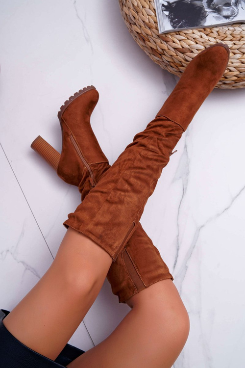 Kozaki Damskie Na Słupku Zamszowe Camel Marion