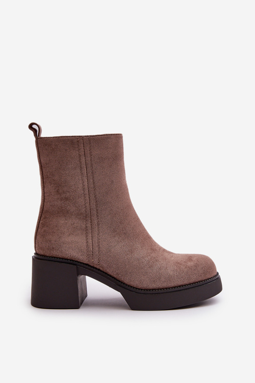 Eko Zamszowe Damskie Botki Na Słupku Ocieplane Ciemnobeżowe Meriluna