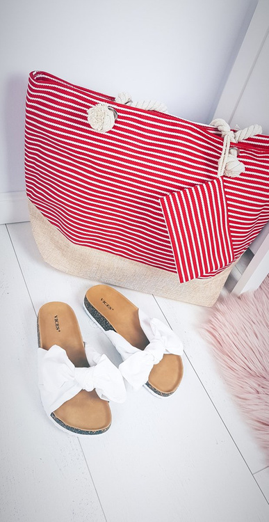 Plażowa Duża Torebka Torba Damska Czerwone Paski