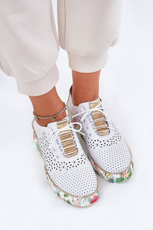 Skórzane Półbuty Damskie Na Koturnie Artiker 56C1800 Biało-Złote