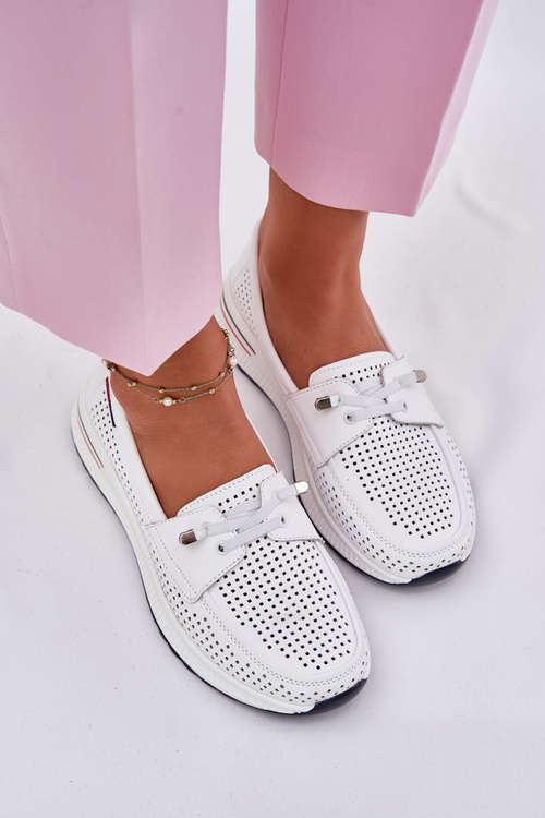 Skórzane Półbuty Damskie Na Platformie Białe Violeth