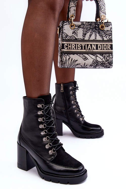 Masywne Sznurowane Botki Na Słupku Czarne Lathia