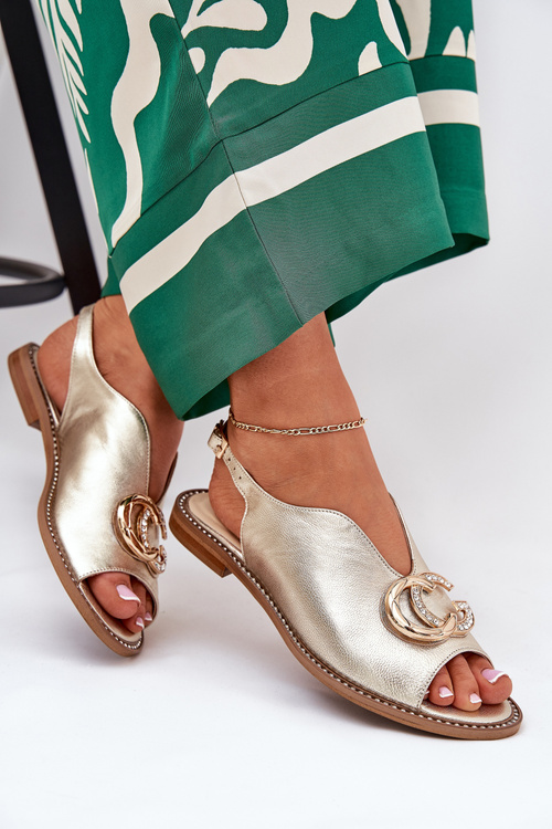 Skórzane Sandały Na Płaskim Obcasie Z Ozdobą Laura Messi 2865 Złote