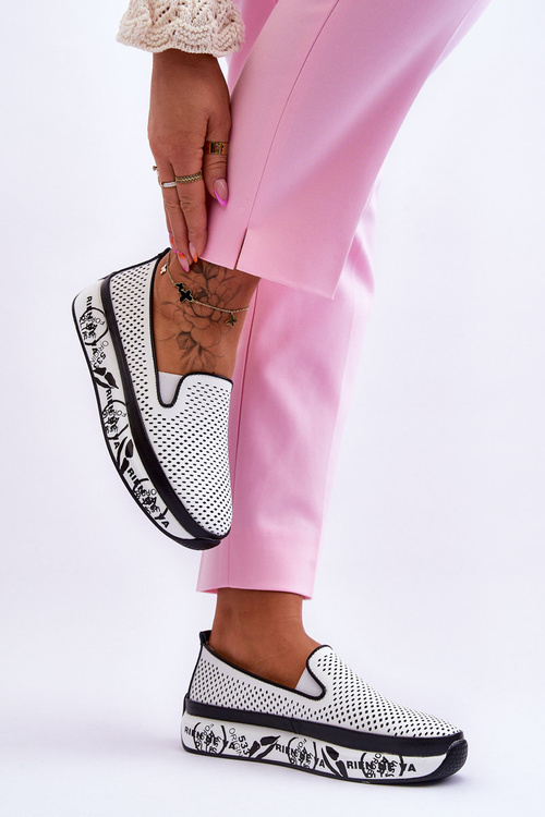 Damskie Ażurowe Skórzane Tenisówki Slip-On Białe Sorito