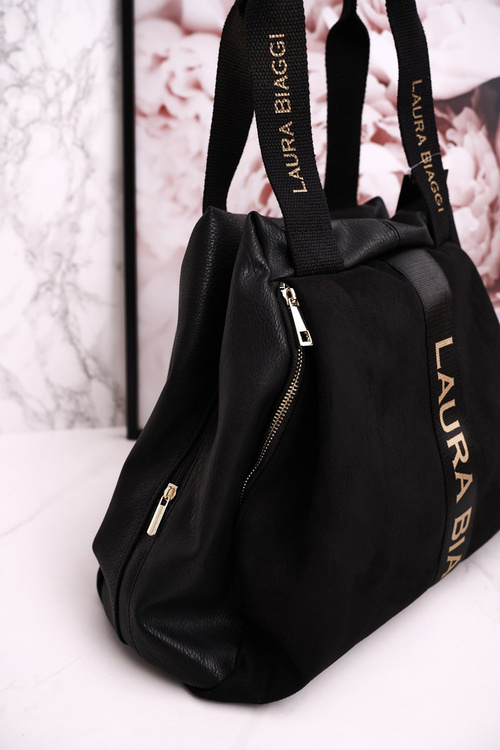Torba Shopper Na Ramię LAURA BIAGGI Skórzano-zamszowa Czarna