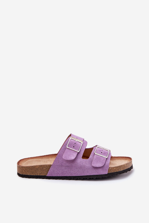 Klapki Damskie Na Korkowej Platformie Klamry Fioletowe Evisolla