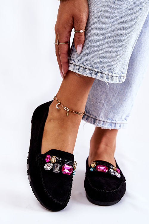 Damskie Zamszowe Mokasyny Z Ozdobami Czarne Janetta