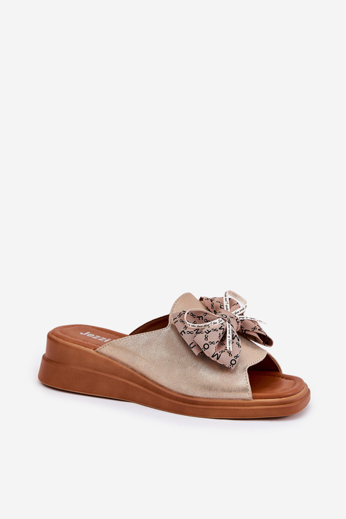 Klapki Damskie Na Koturnie Z Kokardą Złote Moonzella