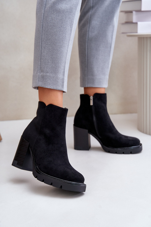 Eko Zamszowe Botki Na Słupku Czarne Cediona