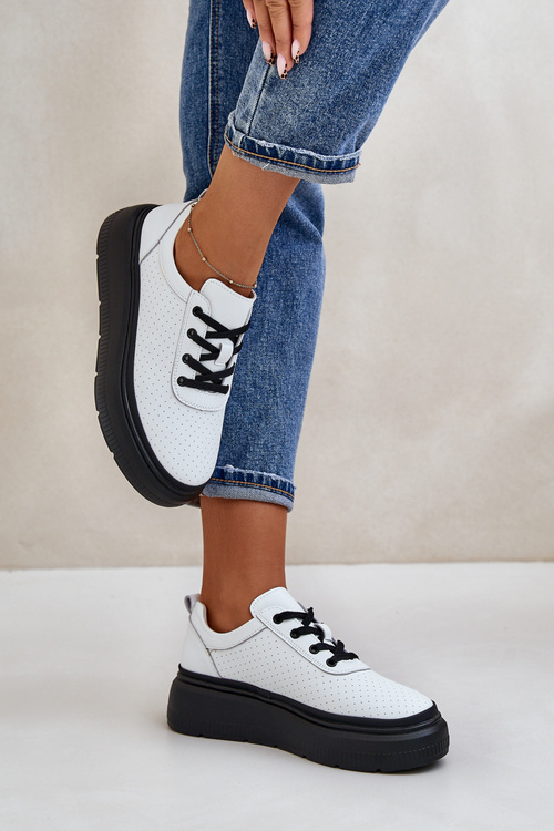 Buty Sportowe Damskie Na Platformie Skóra Naturalna Białe 41470 Vinceza