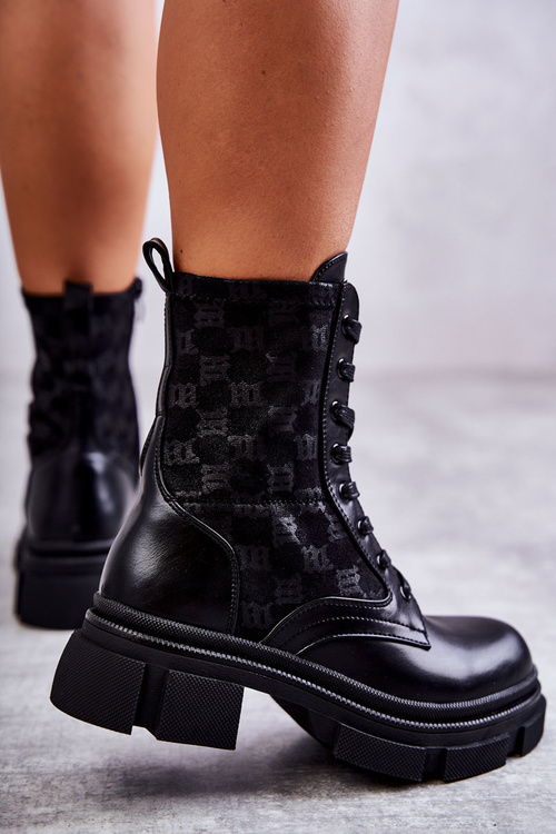 Wysokie Damskie Botki Wiązane Czarne Verlon