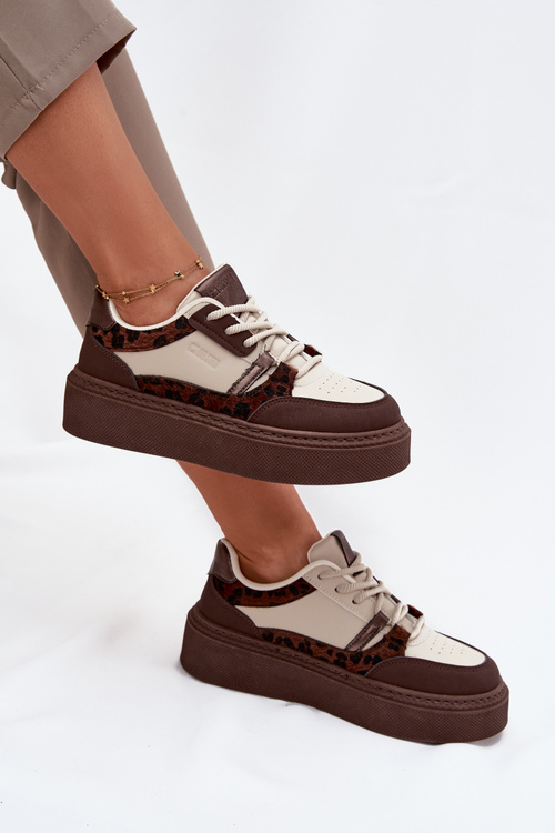 Damskie Sneakersy Na Platformie Big Star SS274356 Panterka Brązowo-Beżowe