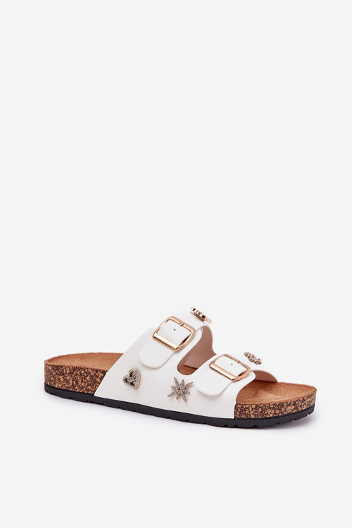 Klapki Damskie Na Korkowej Podeszwie Z Klamrami I Przypinkami Białe Efadelis