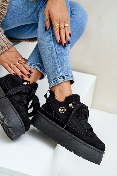 Ocieplane Futerkiem Sneakersy Damskie Na Platformie Czarne Velarisea