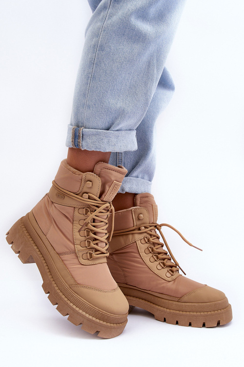 Damskie Trapery Botki Ocieplane Na Platformie I Płaskim Obcasie Big Star MM274340 Beżowe