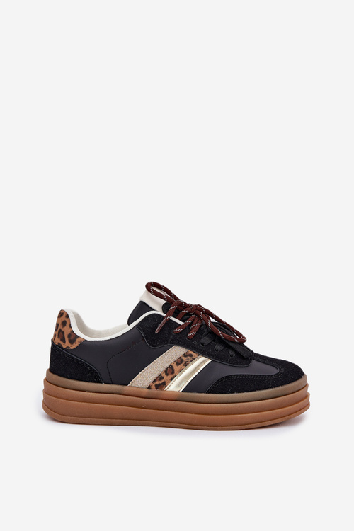 Sneakersy Damskie Na Platformie Z Podwójnym Sznurowaniem Panterka Czarne Niteria