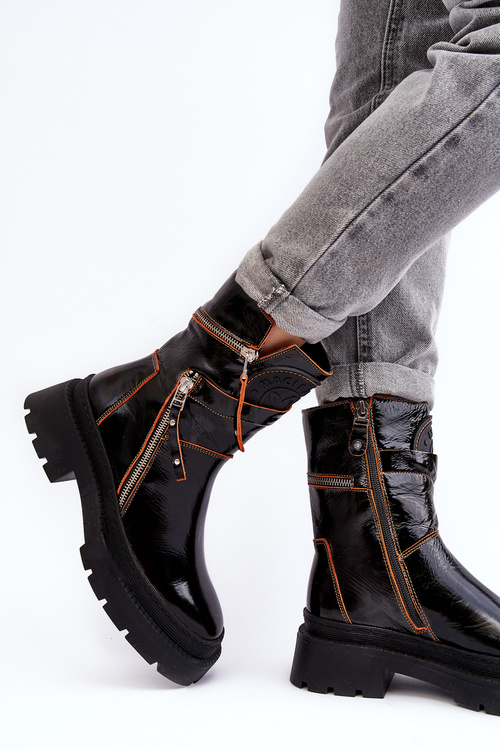 Damskie Lakierowane Skórzane Botki Z Suwakami Maciejka 06238-18 Czarne