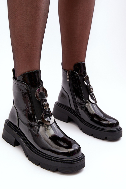 Lakierowane Botki Damskie Z Ozdobą Czarne S.Barski MR870-53