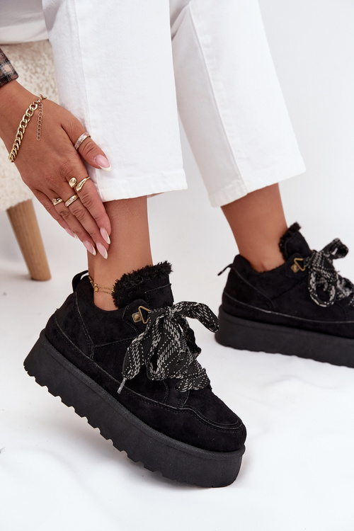 Sznurowane Śniegowce Damskie Na Platformie Ocieplane Futerkiem Czarne Tavelle