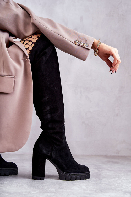 Modne Zamszowe Kozaki Muszkieterki Czarne Estrela