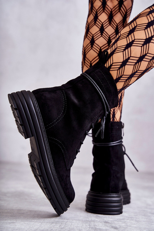 Damskie Zamszowe Botki Wiązane Czarne Afra