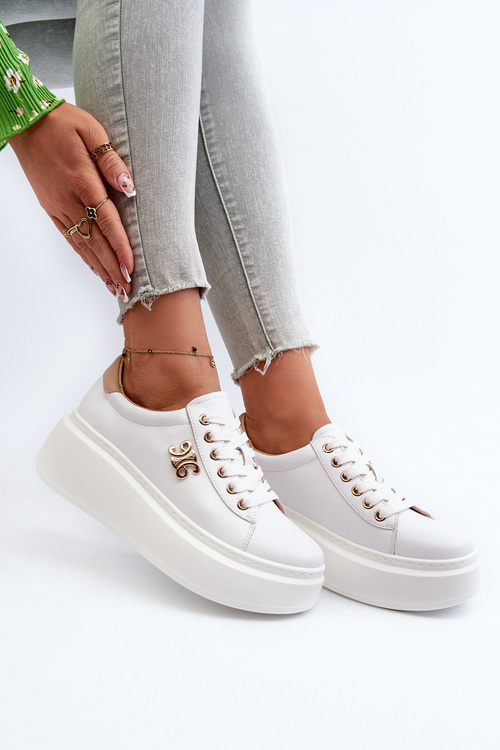 Skórzane Sneakersy Damskie Na Platformie Białe Pernalia