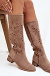 Ażurowe Kozaki Damskie Na Klocku Beżowe Helinna
