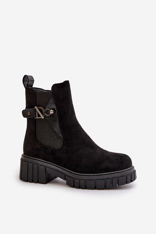 Ocieplane Botki Damskie Ze Złotym Detalem Eko Zamszowe Czarne Bervena