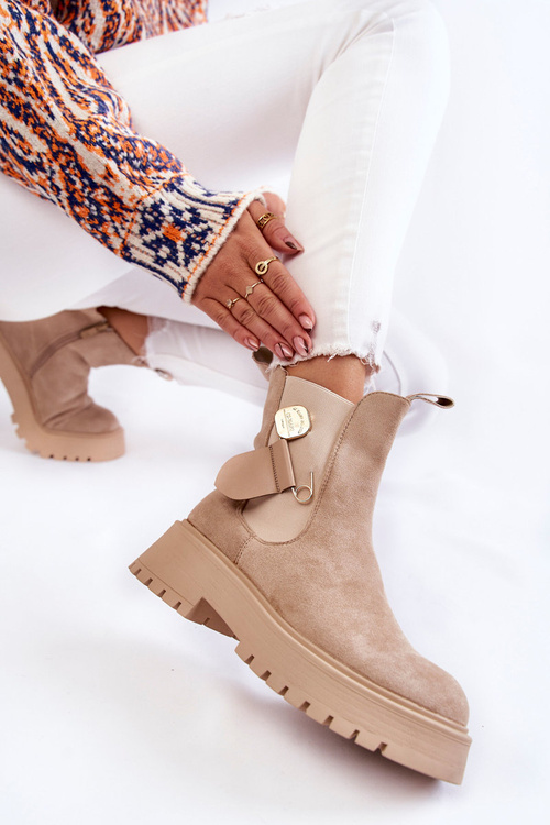 Zamszowe Ocieplane Botki Workery Beżowe Magnis