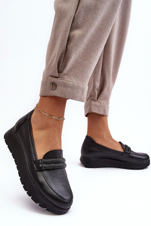 Skórzane Półbuty Na Platformie Z Ozdobą Czarne Lemar Lehira