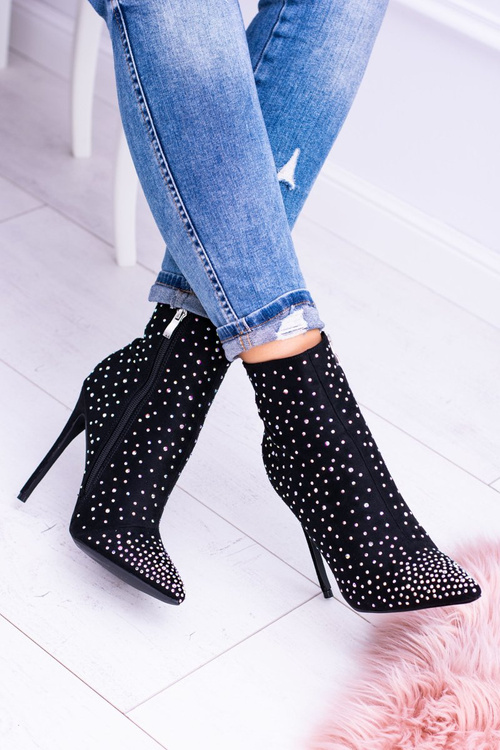 Lu Boo Czarne Wysokie Zamszowe Botki na Szpilce Cyrkonie Cubano