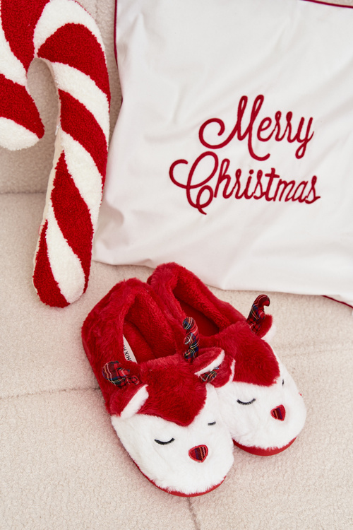 Kapcie Świąteczne Damskie Z Motywem Renifera Futrzane Czerwone Orsella