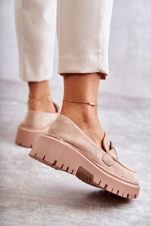 Damskie Półbuty Zamszowe Z Ozdobą Beżowe Leeza