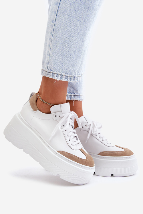 Skórzane Sneakersy Na Masywnej Platformie Lewski 3635/X Biało-Beżowe