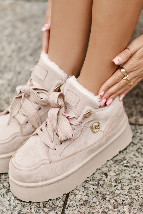 Ocieplane Futerkiem Sneakersy Damskie Na Platformie Beżowe Velarisea