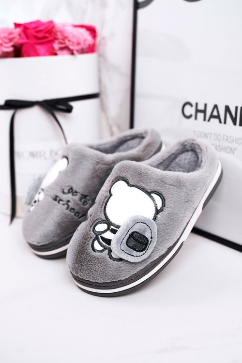 Dziecięce Klapki Papcie Z Misiem Szare Go To School