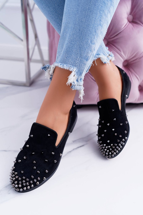 Balerinki Damskie Lu Boo Czarne Zamszowe Lordsy z Ćwiekami Odessa