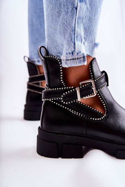 Damskie Skórzane Botki Z Ćwiekami Czarne Clares