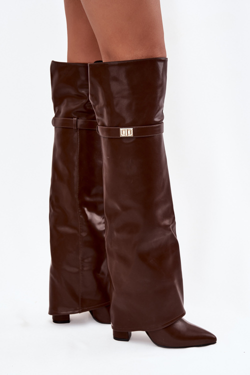 Ocieplane Kozaki Z Wywiniętą Cholewką Za Kolano Obcas Słupek Brązowe Serelle