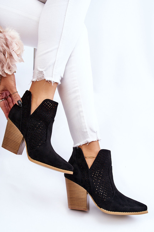 Botki Damskie Na Słupku Zamszowe Ażurowe Czarne Shades