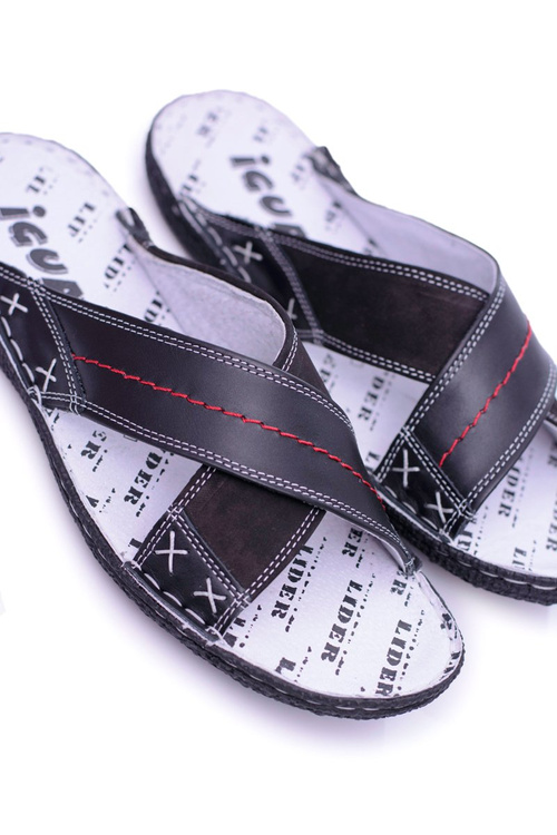 Czarne Lekkie Skórzane Męskie Klapki Okay