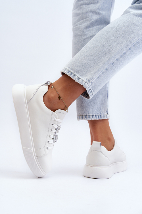 Damskie Sneakersy Skórzane Z Ozdobami Białe Dysuria