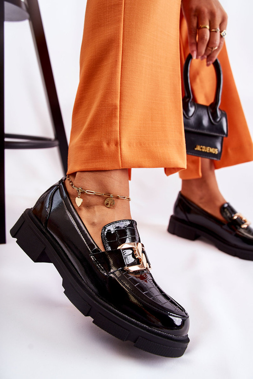 Modne Skórzane Półbuty Loafery Czarne Loveliness