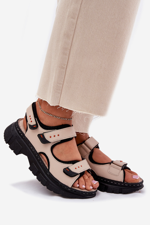 Skórzane Sandały Damskie Z Rzepami Artiker 56C0471 Beżowe