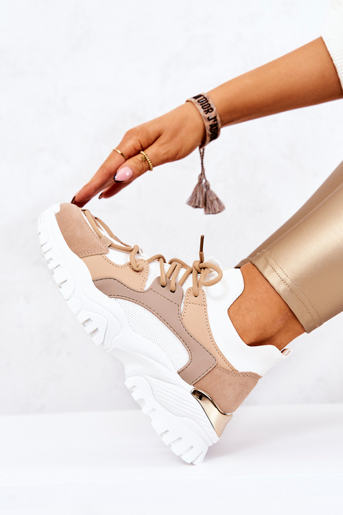 Sportowe Buty Sneakersy Skarpetkowe Beżowo-Białe Colleen